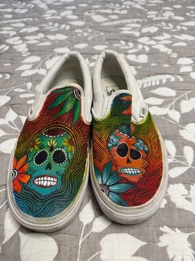 Vans Women’s Slip-On Shoes with Colorful Day of the Dead Skull Design